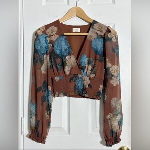 Aritzia Wilfred GENOA BROWN FLORAL CHIFFON CROP BLOUSE Size XS VGC